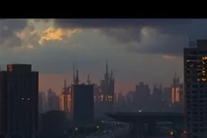 《夜航西飞》剧照,机翼掠过黄昏云层